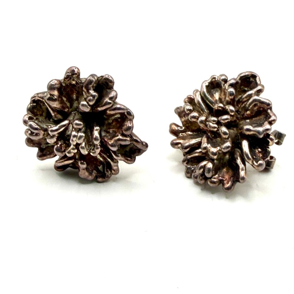 Vintage 80s Stamped Sterling Silver Israel Brutalist Flower Omega Post Earrings